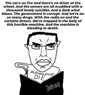 angry arm book closed_mouth death_note ear glasses godspeed_you!_black_emperor hair hand holding_book holding_object millions_must_die pen soyjak subvariant:pol_face text the_dead_flag_blues variant:chudjak // 1080x1206 // 328.1KB