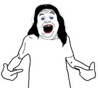 arm clothes hair hand long_hair makeup merge open_mouth pointing soyjak stubble tshirt variant:alicia variant:shirtjak // 618x559 // 48.9KB