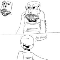 angry anon anonymous artist:Rhubarb_15 beard blush body_hair clothes frown glasses gynaecomastia hand happy pitching soiboi speech_bubble squished stubble subvariant:scholar sweating tranny_artstyle tshirt variant:gapejak yn // 1280x1280 // 265.7KB