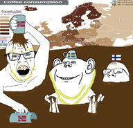 3soyjaks angry arm bloodshot_eyes blue_eyes coffee country cup europe finland flag glasses hand mug norway open_mouth soyjak stubble sweden variant:feraljak variant:gapejak variant:impish_soyak_ears yellow_hair yellow_teeth // 1125x1084 // 723.5KB