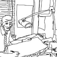 blinds closed_mouth clothes ear hand holding_object lamp looking_at_you necktie paper pen poster stubble traced variant:unknown watch window // 1080x1080 // 96.3KB