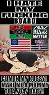 4chan animal bant_(4chan) bbc bed cat cuck cuckoldry flag glasses heels kot kris_kane open_mouth plush poster qa_(4chan) sex soyjak stubble thrembo variant:cobson // 640x1241 // 479.4KB