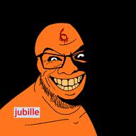 6 admin_6 bald black_background black_sclera blood eyebrows glasses grin jubille_(user) looking_at_you name_tag nose ominous orange_skin scar shadow smile stubble subvariant:feralgrin teeth text variant:feraljak wrinkles yellow_teeth // 1024x1024 // 54.8KB