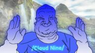 bald blue_skin calm closed_eyes closed_mouth clothes cloud_nine ear fat hand hands_up irl_background sky smile stubble text tshirt variant:heelvsjak waterfall // 1193x677 // 800.7KB