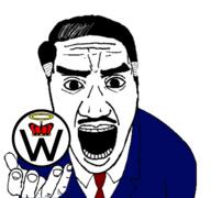 ben_klassen clothes creativity_movement crown grey_hair hair halo holding_object mustache necktie open_mouth perro_hold religion suit variant:el_perro_rabioso // 1681x1578 // 560.8KB