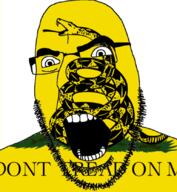 angry flag gadsden_flag glasses libertarian open_mouth snake soyjak stubble text variant:cobson // 770x834 // 320.4KB