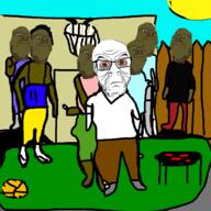 angry basketball black_skin bloodshot_eyes brown_eyes closed_mouth clothes drawn_background fence frown full_body glasses grill house multiple_soyjaks mustache smile soyjak stubble sun variant:bernd variant:feraljak wrinkles // 1000x1000 // 200.1KB