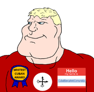 CubaBlancaAntiComunista_(namefag) a10_eyes aryan award blond blue_eyes buff cuba cuban cubaryan hello_my_name_is_(sticker) meta:namefags red_shirt subvariant:mexiaryan text variant:meximutt white_skin yellow_hair // 886x872 // 50.0KB