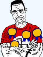 1488 anger_mark angry award blue_eyes closed_mouth clothes crossed_arms ear hair multiple_awards nazism red_shirt schutzstaffel swastika tattoo template transparent_background tshirt variant:chudjak // 829x1086 // 103.6KB