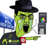 angry autism autistic crying fedora green_skin kiwifarms moral_high_ground pointing red_eyes reddit spade swastika transgender_flag variant:chudjak // 900x830 // 357.4KB