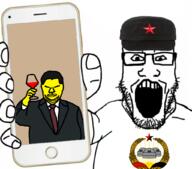 arm cap china clothes communism glasses hand hat holding_object holding_phone iphone leftypol open_mouth phone soyjak stubble subvariant:phoneplier subvariant:phoneplier_vertical tshirt variant:markiplier_soyjak xi_jinping // 1024x900 // 492.1KB