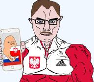 2soyjaks adidas animal based bird blue_eyes brown_hair chad closed_mouth drool eagle ear flag:greater_poland flag:russia hand holding_object holding_phone mongoloid penis poland russia soyjak subvariant:muscular_chud sucking_cock trend:aryan variant:chudjak variant:gapejak white_skin // 1059x929 // 192.8KB