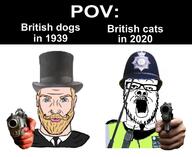 animal beard blue_eyes cat clothes dog glasses gun hand hat holding_gun holding_object holding_pistol meme mustache necktie nordic_chad open_mouth pistol police soyjak stubble text top_hat variant:a24_slowburn_soyjak white_skin // 1280x1047 // 98.9KB