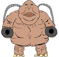 bald big_lips black_sclera demon doom fat full_body green_eyes gun looking_at_you mancubus_(doom) mutt obese sharp_teeth subvariant:meximutt_front template tiny_penis tube variant:meximutt white_background // 782x755 // 42.0KB