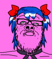 blue_hair bow bury_pink_gril choker closed_mouth glasses green_eyes pink pink_background pink_skin s4s_(4chan) soyjak stubble sweating variant:a24_slowburn_soyjak // 454x520 // 14.2KB