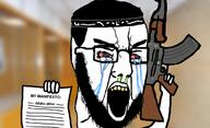 ak-47 arabic_text arm beard bloodshot_eyes crying firearm glasses gun hair hand headband holding_gun holding_object holding_rifle irl_background islam manifesto mass_shooter mucus open_mouth paper rifle terrorist text variant:chudjak weapon yellow_teeth // 680x414 // 163.3KB