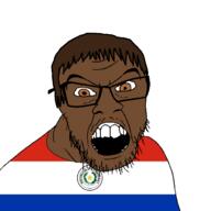 brown_eyes brown_hair brown_skin clothes country flag glasses hair open_mouth paraguay soyjak stubble variant:feraljak // 1500x1500 // 54.6KB