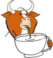 animal biz_(4chan) bull cup drinking drinking_straw ear hand holding_object horn mug orange_skin pointy_ears sip snout soyjak stubble subvariant:impdrink variant:impish_soyak_ears white_hair // 732x803 // 101.7KB