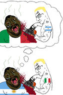 4soyjaks angry argentina arm blood bloodshot_eyes blue_eyes brown_skin buff chainsaw closed_mouth crying decapitation fat flag flag:argentina flag:italy glasses hair hand holding_chainsaw holding_object italy murder mustache nazism open_mouth queen_of_spades side_profile soyjak spade stubble subvariant:chainsaw_bernd swastika thought_bubble variant:bernd variant:chudjak yellow_hair yellow_teeth // 1422x2153 // 659.6KB