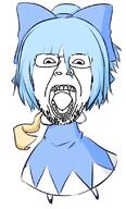 anime blue_hair bowtie cirno clothes dress glasses hair open_mouth soyjak stubble touhou variant:bernd video_game // 492x815 // 294.8KB