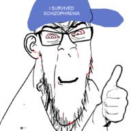 baseball_cap blood bloodshot_eyes clothes ear glasses hand hat schizo schizophrenia smile soyjak stubble subvariant:feralrage thumbs_up variant:feraljak vein // 894x894 // 311.5KB
