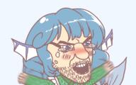 angry anime arm blue_hair blush clothes crying glasses gyate_gyate hand open_mouth series:gyatejaks soyjak stubble touhou tranny_artstyle variant:kliksjak video_game wakasagihime // 800x500 // 108.9KB
