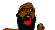 2soyjaks black_skin glasses hair open_mouth red_lips teeth variant:eggbert yellow yellow_sclera // 1265x695 // 48.7KB