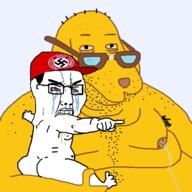 4chan angry arm baby bloodshot_eyes cap clothes crying dog ear fat glasses hair hand hat janny john_morris leg nazism pointing pol_(4chan) soyjak stubble swastika tag variant:chudjak yellow_skin // 1288x1288 // 327.4KB