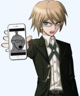 anime belt blue_eyes brainlet clothes danganronpa:_trigger_happy_havoc danganronpa_(series) glasses grey_skin holding_object holding_phone iphone npc open_mouth phone small_brain soyjak sprite_edit stubble subvariant:npc_soyak suit togami_byakuya variant:soyak video_game white_skin yellow_hair // 803x968 // 617.3KB