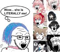 anime astolfo biting_lip blue_hair calarts doki_doki_literature_club eyelashes fate_grand_order felix_argyle femboy frown gay girls_und_panzer glasses hair lips makeup meta:tag_character_name multiple_soyjaks open_mouth purple_hair re_zero sayori soyjak stubble thought_bubble tranny variant:a24_slowburn_soyjak variant:markiplier_soyjak variant:soyak yellow_teeth yukari_akiyama // 1020x898 // 876.1KB