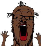 black_skin glasses hair hand hands_up mustache open_mouth small_eyes soyjak stubble variant:a24_slowburn_soyjak // 454x520 // 15.3KB