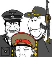 3soyjaks alternate_history are_you_soying_what_im_soying arm cigarette clothes collar_tabs communism confederate ear firearm gay glasses gun hammer_and_sickle hand hat holding_gun holding_object holding_rifle kgb looking_at_each_other military military_cap military_uniform nazism rape reichsadler rifle schutzstaffel sex smile smoking soyjak star stubble uniform variant:carterjak variant:kuzjak weapon // 1282x1402 // 382.2KB