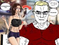 arm arrow blue_eyes buff closed_mouth clothes ear glasses hair series:the_troonout soyjak speech_bubble subvariant:chudjak_front subvariant:muscular_chud text tranny transformation transgender_flag transition trend:aryan tshirt variant:chudjak vein yellow_hair // 1023x775 // 122.7KB