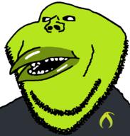 beak bird black_sclera forum green_skin grey_shirt kiwi kiwifarms logo open_mouth stubble subvariant:impish_amerimutt variant:impish_soyak_ears // 598x628 // 20.4KB