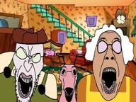 3soyjaks animal cartoon clothes courage_the_cowardly_dog eustace_bagge glasses hat muriel_bagge open_mouth soyjak stubble suspenders variant:angry_soyjak variant:bernd variant:dogjak // 600x450 // 130.2KB