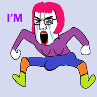 angry animated bloodshot_eyes clothes crying dance full_body glasses hair monkey_dance open_mouth penis pink_hair soyjak text tranny variant:chudjak // 800x800 // 255.5KB