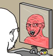 2soyjaks back black_eyes ear glasses meds mirror monster open_mouth pill red_skin sink smiley_face soyjak stubble variant:soyak wrinkles // 766x800 // 39.6KB