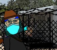 arm australia bloodshot_eyes bullet clothes coronavirus_pandemic face_shield facemask fence flag glasses glove gun hand hat irl_background mask mouth_mask pointing soyjak stubble surgical_mask variant:feraljak // 766x675 // 337.5KB