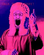clothes colorful glasses hair irl judge open_mouth soyjak stubble text variant:markiplier_soyjak white_hair wig // 368x459 // 231.3KB