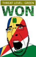 ahegao emerald flag:seychelles gem glasses green green_eyes hair looking_up open_mouth schlog_color_event seychelles soyjak soyjak_blog stubble teeth text threat_level_green variant:cobson won // 721x1115 // 174.1KB