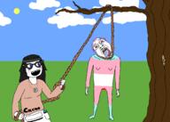 2soyjaks ack bloodshot_eyes crying hanging open_mouth rope soyjak suicide tongue tranny tree variant:bernd variant:soytan // 2100x1500 // 187.9KB