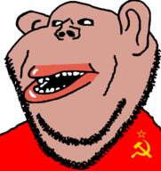 amerimutt bald beard brown_skin clothes ear lips mutt open_mouth red_shirt soviet_union soyjak stubble subvariant:impish_amerimutt variant:impish_soyak_ears // 735x779 // 60.1KB