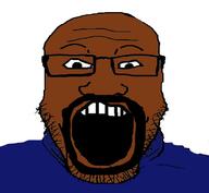 beard black_skin clothes glasses goatee open_mouth soyjak stubble variant:markiplier_soyjak // 466x430 // 61.2KB