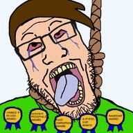'p ack angry autistic award awards bloodshot_eyes brown_hair clothes crying ear fake_christian glasses gooner green_shirt hair hand hang hanging mouth nickcheezy open pedophile ragebait rope rotten smile soyjack stubble teeth text tongue variant:markiplier_soyjak // 1200x1200 // 78.0KB