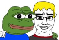 amphibian blond blue_shirt closed_mouth clothes ear friendship frog glasses green_skin grey_shirt hand hugging looking_at_you nas:pepe nate pepe_the_frog smile soyjak subvariant:chudjak_front variant:chudjak // 800x541 // 111.9KB