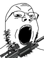 angry firearm glasses open_mouth rifle soyjak stubble variant:gapejak weapon // 600x800 // 90.0KB