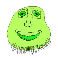 charlie_the_steak closed_mouth distorted glasses green_eyes green_sclera green_skin smile soyjak stubble variant:meatjak // 768x762 // 120.7KB