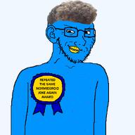 acne arm award badge beak blue_skin closed_mouth ear glasses hair ribbon series:x_inmigrants smirk smug soyjak stubble subvariant:soyak_(smug) subvariant:soyak_ears text variant:soyak x_award zoomer_hair // 600x600 // 60.9KB