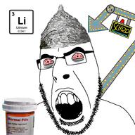 alkali_metal arrow bloodshot_eyes chemistry clothes element glasses hat lithium meds merge open_mouth pills schizo sign soyjak stubble text tin_foil tired variant:cobson variant:feraljak // 970x970 // 275.7KB