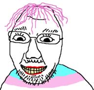 clothes glasses hair pink_hair smile soyjak stubble tranny transgender_flag variant:groomjak yellow_teeth // 433x415 // 18.2KB